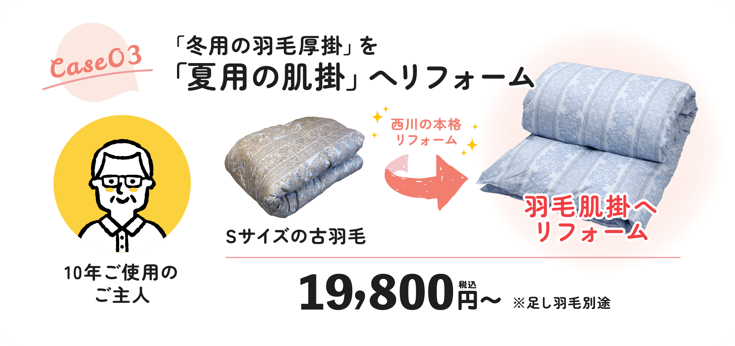 「冬用の羽毛厚掛」を「夏用の肌掛」へリフォーム